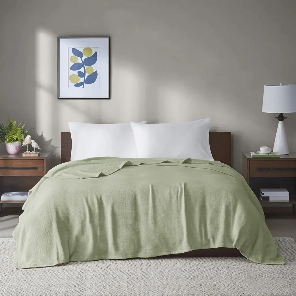 Madison Park MP51N-8383 Freshspun Basketweave Cotton Blanket - Full & Queen Size, 90x90x0.25in Green, Breathable Lightweight Basket Weave Blankets, Breathable Lightweight Blankets