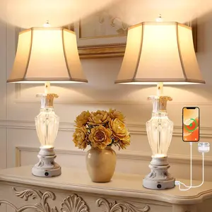 DEMILARE 28.5" Farmhouse Table Lamps Set of 2 White Finish with USB Charging Ports and Nightlight, 3 Color Temperatures Adjustable Lighting, Vintage Resin and Crystal Design for Bedroom Living Room, Bedside Reading Lamp, Bulbs Included,SpringGlowUp