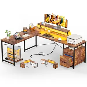 Homieasy  63 Inch L Shaped Desk with Power Outlets & LED Lights, Computer Corner Home Office Desk with File Drawer, Monitor Stand and Removable CPU Stand, Large Storage, Gaming, Writing