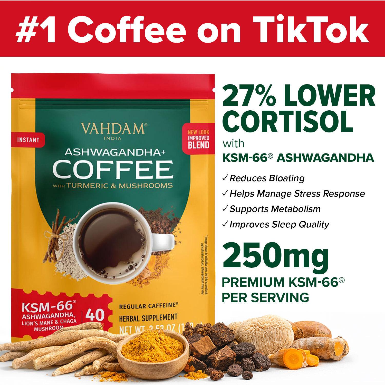 VAHDAM KSM-66 Ashwagandha Coffee Instant Coffee with KSM-66, 95% Curcuminoids Turmeric, Lion’s Mane & Chaga 40 Serving