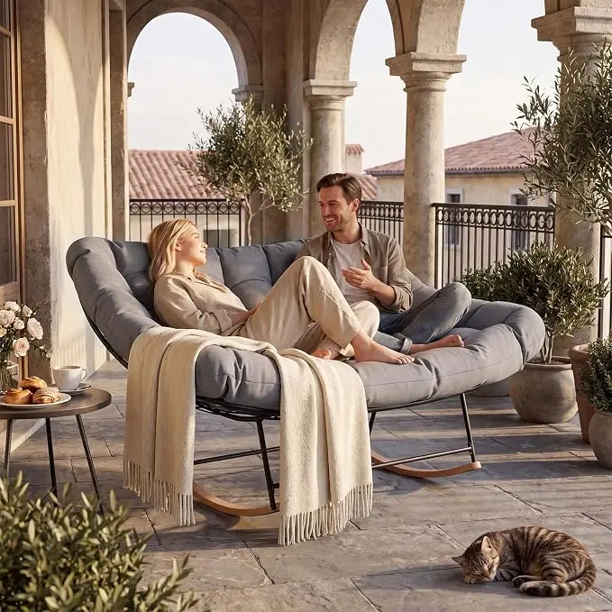 Jolydale Double Rocking Chair for 2,Oversized Outdoor Loveseat with Thick Removable Cushion, Modern Reading Accent Chair,Comfy Papasan Rocking Chair for Balcony, Patio,Porch, Backyard, Bedroom, Indoor & Outdoor,Christmas Gift,Grey