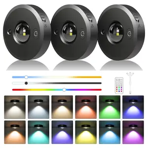 3-Pack Rechargeable LED Disk Lights with Remote Control, Adjustable Dimmable Cabinet Light, 12 Colors & 2 Dynamic Modes, Magnetic Wall Lamp