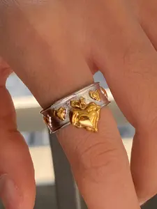 Ladies Ring Fashion Heart Rings Gold And Silver Color Liquid Rivet Heart Pendant Stainless Steel 18k Gold Plated Waterproof And Anti Allergy Hip Hop Style Modern Style Fashionable Matching Heart Shaped Ring Heart Signet Ring Jewelry Rings