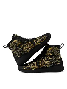 Men's Fashionable Skull Print High Top Sneakers with Reflective Design, Graphic Print Sneakers, Casual Comfortable Breathable Lace Up Sports Shoes, Male All-match Round Toe Shoes for Daily Wear