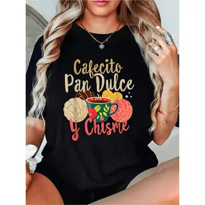 Hispanic Mexican Concha Coffee Cafecito Pan Dulce and Chisme Graphic T-Shirt for Summer Soft Comfortable Women'S Short Sleeve Top
