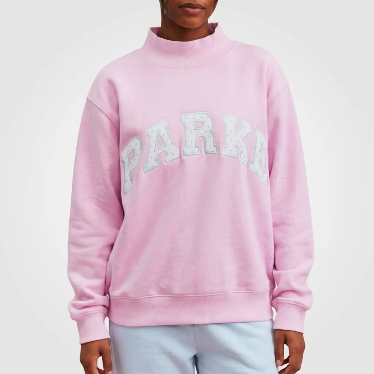 PARKE Women’s Stand‑Collar Hoodie, Embroidered Loose Pullover Sweatshirt, Thick Polyester Athletic Fitness Top