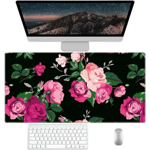 Pink Rose Desk Pad Protector, Stitched Edges Flower Mouse Pad, Large Office Mat, Non-Slip Blotter, Laptop Pad, Floral Writing Pad for Office and Home
