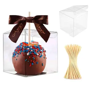 30 Pcs Candy Apple Boxes with Bamboo Apple Sticks, Clear Caramel Apple Box Plastic Gift Cookie Makaron Cupcake Packaging for Treats, Party Favors, 4" L x 4" W x 4" H