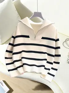 Girls' Teens Elegant Fashion Simple Retro Trendy Patchwork Colorblock Daily Commute Casual Outing V-Neck Zip-Up Collared Pullover Sweater Knitwear Spring Autumn Winter