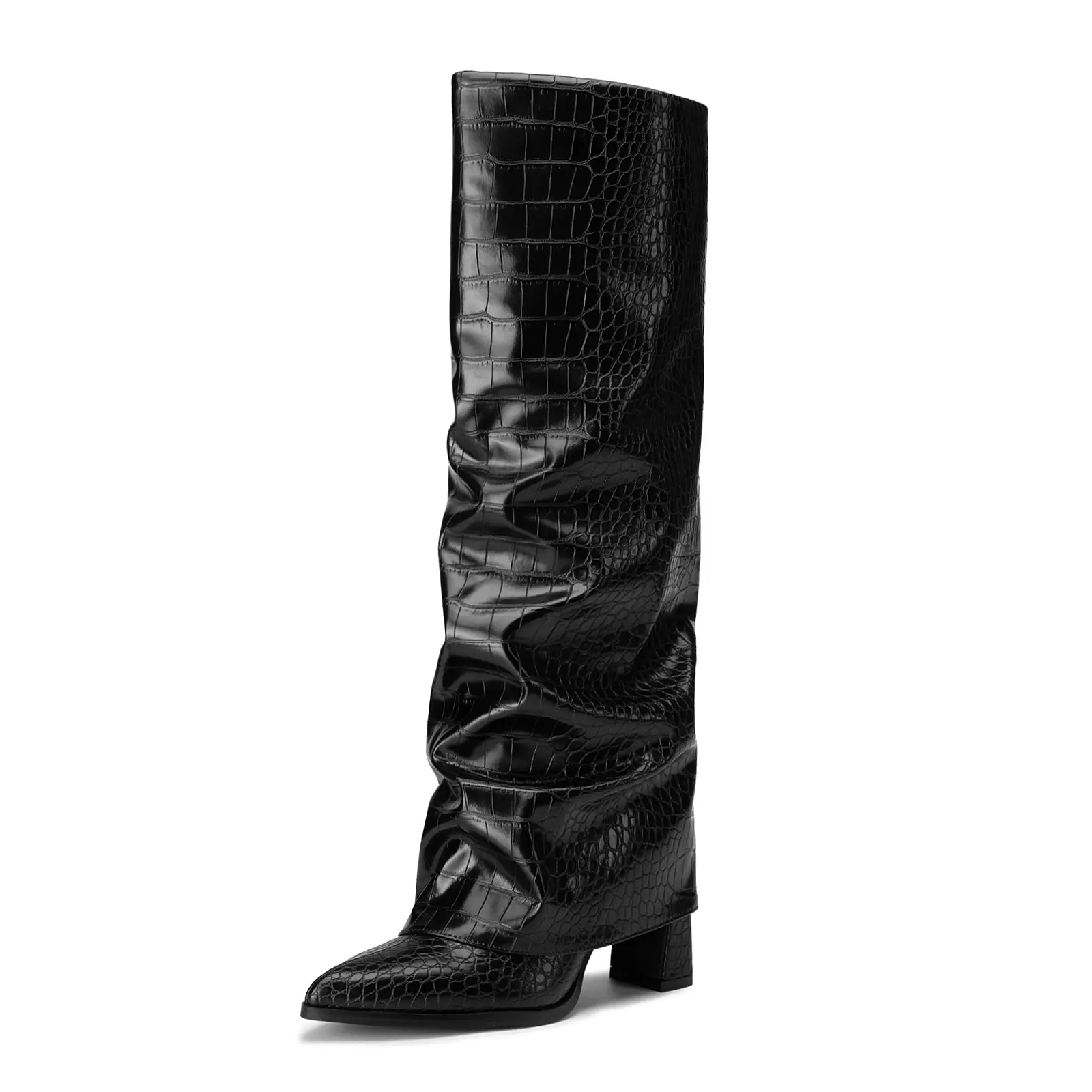 Athlefit Women's Black Croco Retro PU Leather Knee High Boots - Slouchy Fold Over, Wide Calf, Pointed Toe, 3.17 in Chunky Heel, Slip Resistant Party & All-Seasons Walking Shoes for Fall Winter