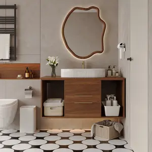 Modern 39.4 Wall-Mounted Bathroom Vanity with Oval Ceramic Sink Floating Vanity Multi-Layer Solid Wood Cabinet Soft-Close Drawers Open Shelf Storage