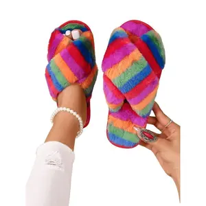 Women's Rainbow Stripe Pattern Plush Slippers, Casual Soft Comfortable Home Slippers, Warm Slippers for Indoor & Outdoor Use for Fall & Winter, Casual Fashion Slippers(Sheet)