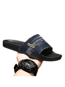 Minimally printed denim style soft soled slippers for outdoor use, lightweight and breathable cool slippers
