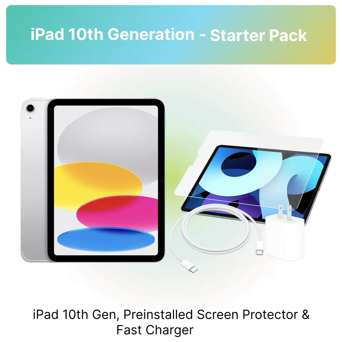 Refurbished iPad 10th Gen - Starter Pack, Includes iPad 10th Gen, Preinstalled Screen protector, Fast Charger, and Plug 12-Month Warranty