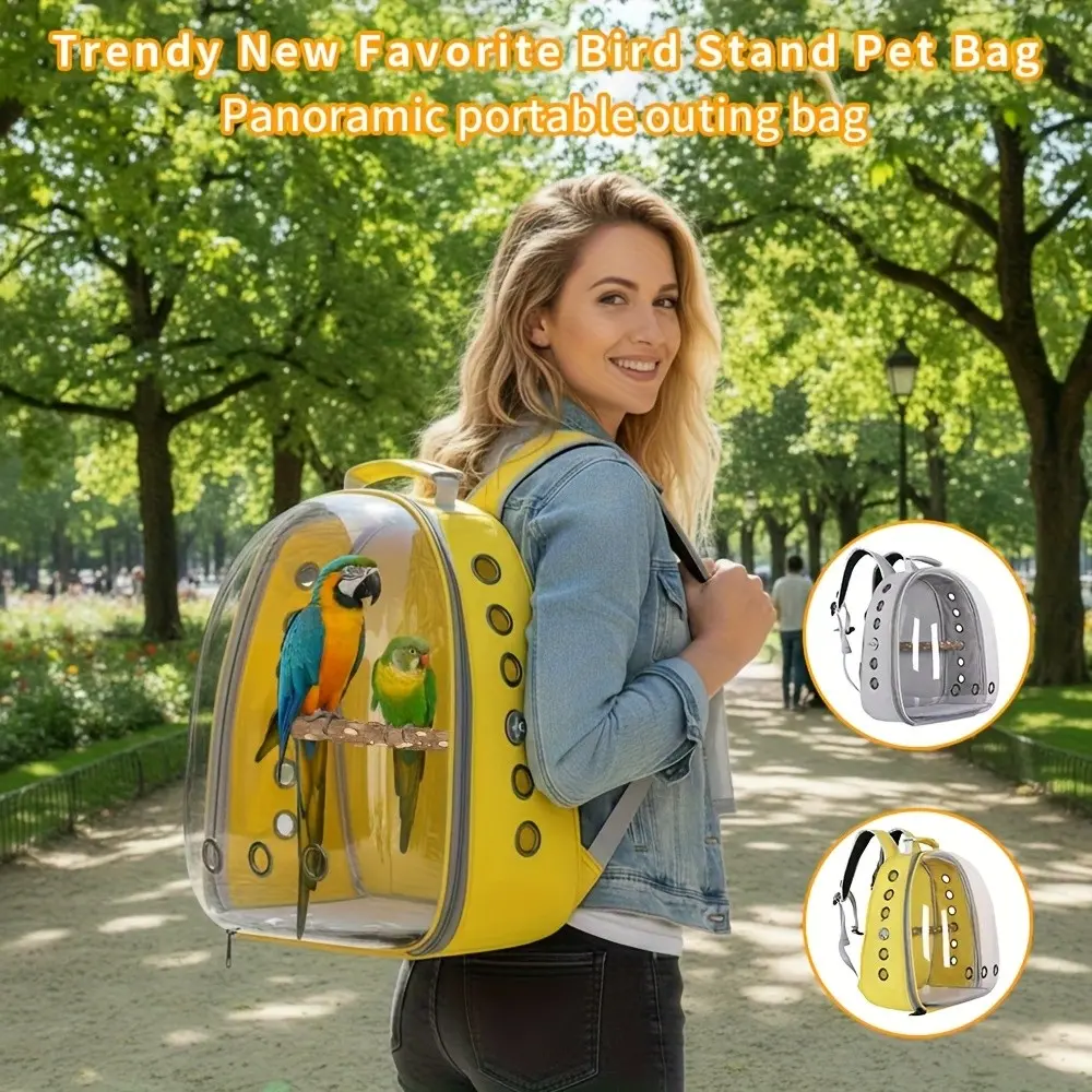 Bird Carrier Backpack Transparent Pet Birds Carrier Shoulders Parrot Cage Backpack with Wooden Perch Breathable Backpack for Parrots Magpies Outing Travel Green