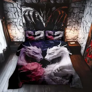 Dragon Pattern Comforter Set,Purple White Dragon Bedding Set,Kids Girls Women Adults Couple Dragons Comforter,Flowers Quilted Duvet Set,Bedroom
