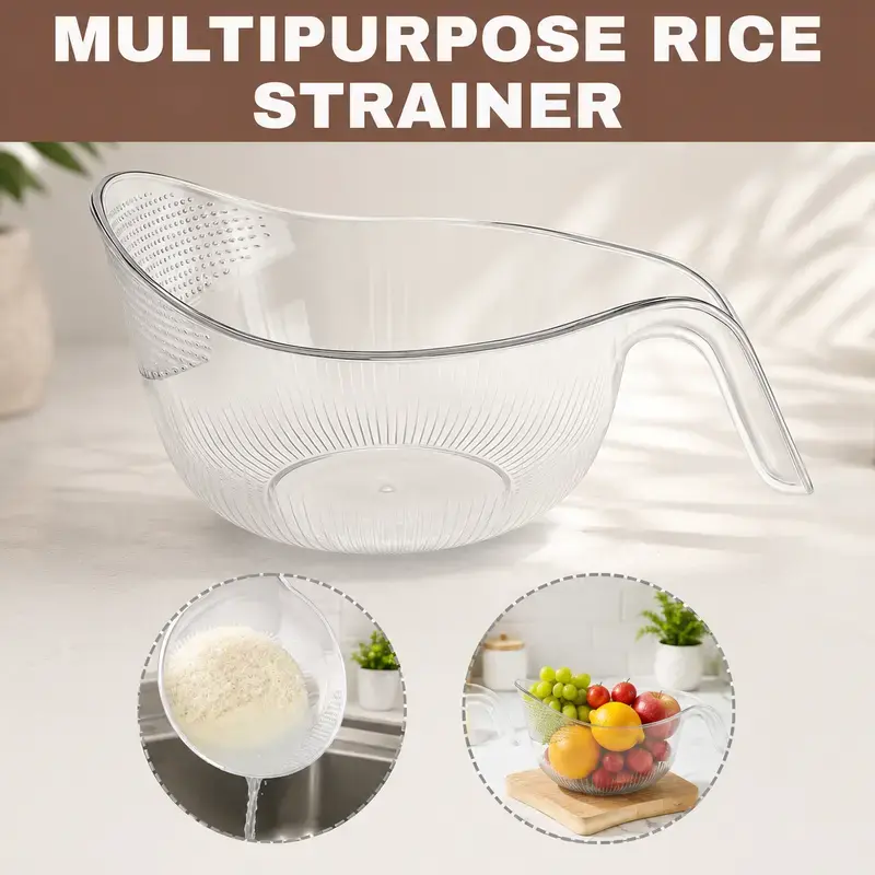 Aesthetic Lightweight Multifunctional Rice Strainer with Handle - Sturdy BPA-Free Transparent Plastic Colander Type Kitchen Tool with Holes, Compact Drain Control for Drain Veggies, Coffee Dispensing