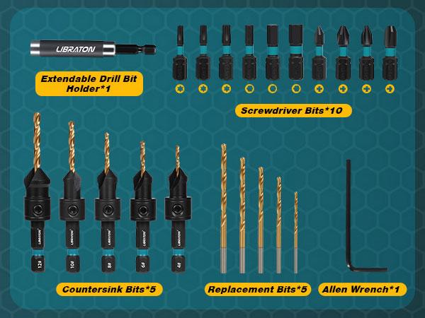 【Fathersdaygift】Libraton Countersink Drill Bit Set, 22 PCS Wood Counter Sink Drill Bit Adjustable, #4, #6, #8, #10, #12, Magnetic Drill Bit Holder Extension for Woodworking, Screwdriver Bits with Storage Box