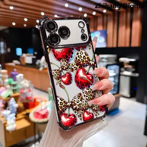 Cherry leopard print bow pattern four-corner shockproof transparent electroplated protective phone case for iPhone 17 Pro Max Air 16 Plus 15 14 13 12 11 Simple and stylish Durable Drop Protection Shockproof smartphone Cover