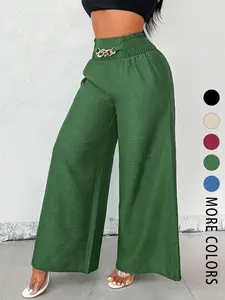 A pair of women's basic casual solid-color zipper-enclosed high-waisted stretchable loose-fitting slimming wide-leg trousers pants that are versatile and suitable for all occasions Womenswear Bottom