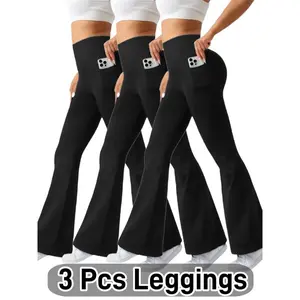 Ultra-Soft High-Waist 3pcs Women'S Flare Leggings with Side Pockets - Tummy Control, Stretchy Bootcut Pants for & Casual Wear 4 Colors