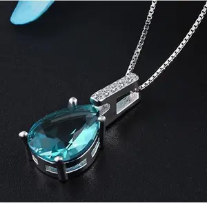 Blue Topaz Pendant Pear-shaped Carat Birthstone Cubic Zirconia Necklace For Women(Silver Plated)