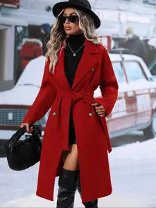 Women's Casual Pure Color Lapel Coat, Thickened Spring Autumn Outerwear, Belted Dual-Row Button Design, Long & Large Fit, Womenswear