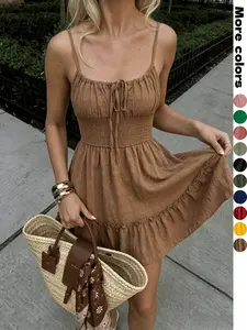 10 Colors，Elegant Women's Solid Color Halter Dress, Ruffled Hem, Sleeveless Strap Short Skirt, Back Elastic Tie, Summer, Perfect for Vacation, Party, Date
