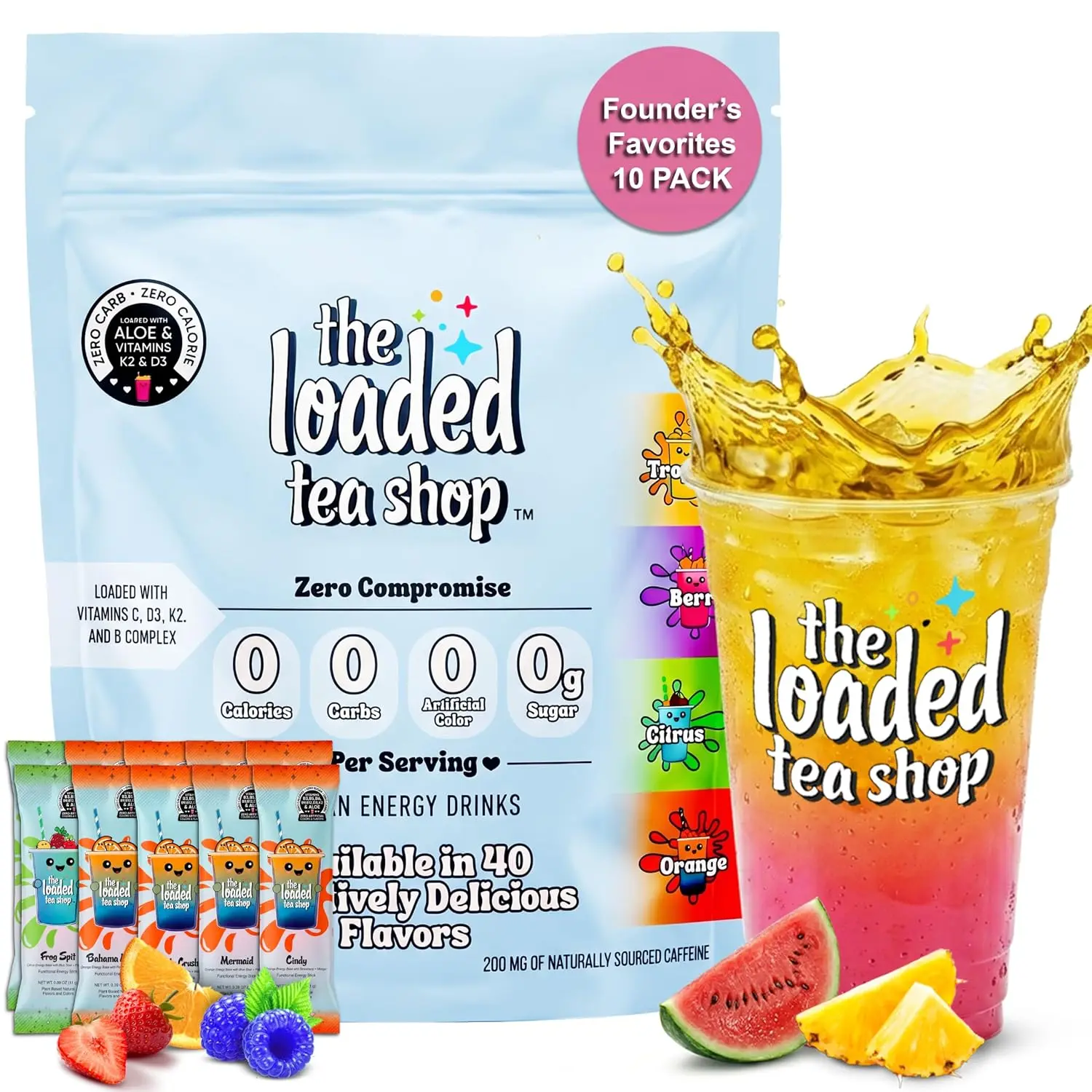 The Loaded Tea Shop Founder’s Favorites 10 Pack Drink Mix Sticks, Sugar Free Powder, 200mg Natural Caffeine, Zero Calories, B Vitamins, No Artificial Colors & Flavors