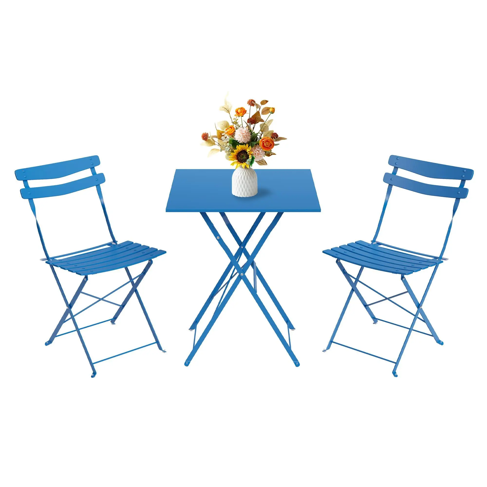 3 Piece Patio Bistro Set, Folding Patio Bistro Table and Chairs Set of 2, Outdoor Patio Furniture Set, Metal Structure, No Assembly Need, for Balcony Yard Garden, Blue
