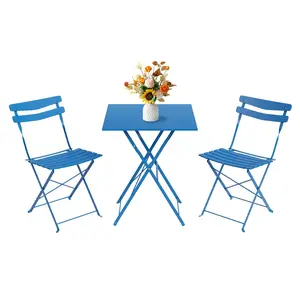 Gaomon 3-Piece Minimalist Pre-Assembled Patio Bistro Set, 2-Seat Foldable Chairs & Metal Frame Table, No-Assembly Outdoor Furniture for Balcony, Blue, Folding Chairs