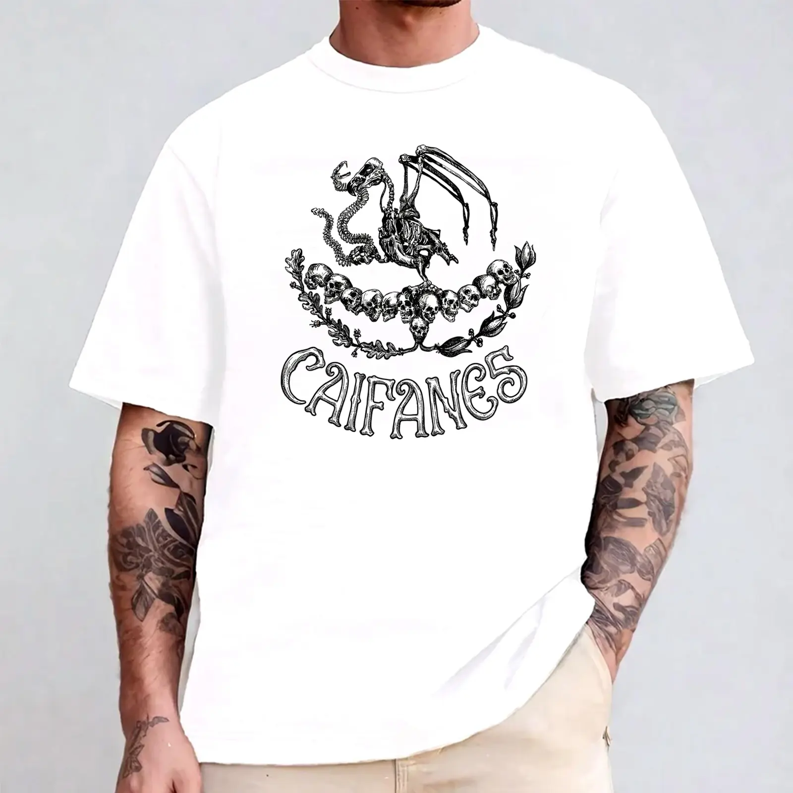 Caifanes Skeleton Dragon Gothic Vintage Comfort Color Letter Printed Tee Ring-Spun Cotton Soft-Washed T-Shirt Trendy Tops Perfect Gift