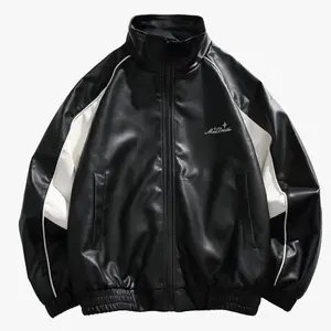 Unisex Faux Leather Track Cropped Jackets Oversized Streetwear Bomber Coat with Contrast White Panels and High Collar for Menswear Black Casual