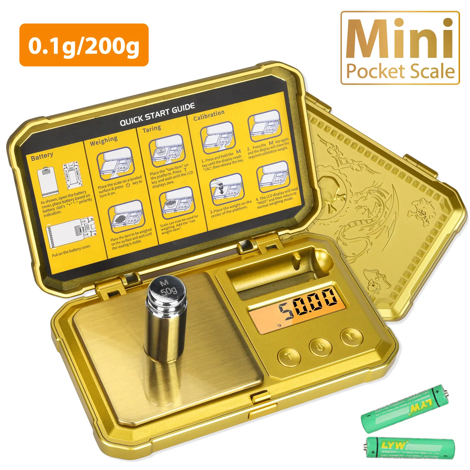 Mini digital pocket scale, 6 measuring units, 200g x 0.01g portable scale, suitable for jewelry, diamonds, coins, coffee, and baking, gold/black.