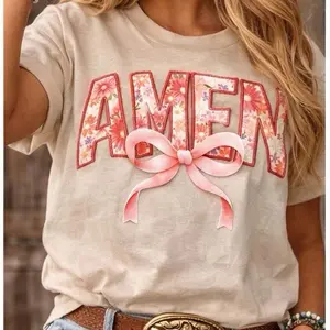 Amen Floral Bow T-Shirt for Women - Soft Comfortable Casual Tee with Pink Ribbon Design