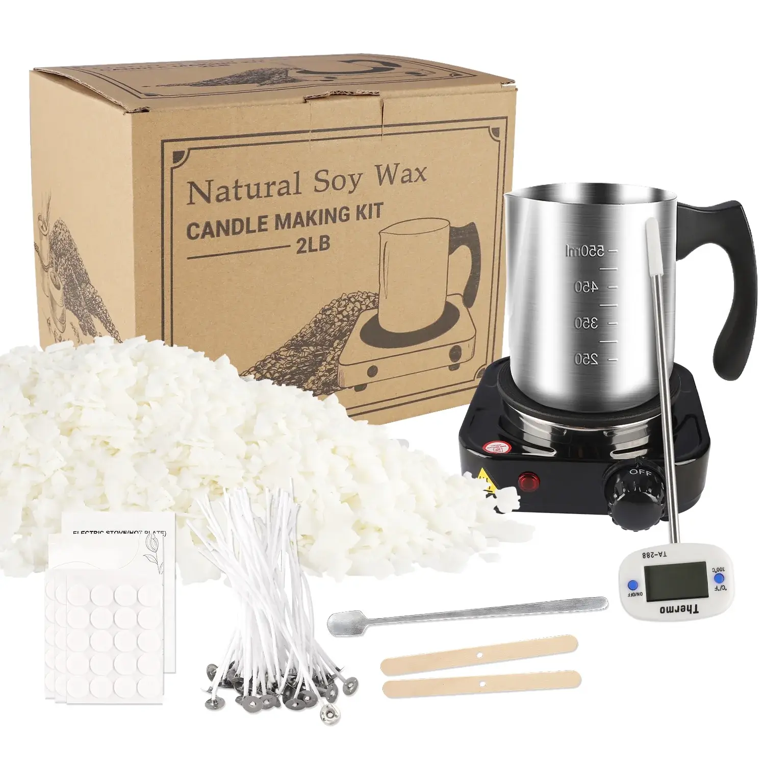 Candle Making Kit with Wax Melter, Includes 2 lbs Soy Wax, Melting Pot, Electric Stove, Thermometer, Stirring Stick, Stickers, Cotton Wicks, Wick Adhesive Paper. Ideal for Beginners and Adults DIY Craft Kit for Making Candles.