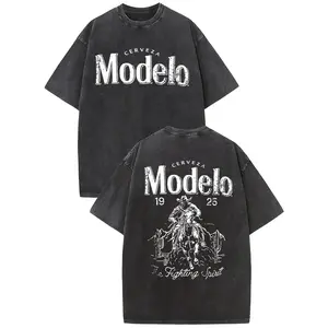 Holafish Acid Wash Vintage Modelo Pattern T-Shirt,TV Show T-shirt Heavyweight Cotton Streetwear graphic vintage tees Menswear Crewneck Tshirt Sport Short Shortsleeve Outdoor