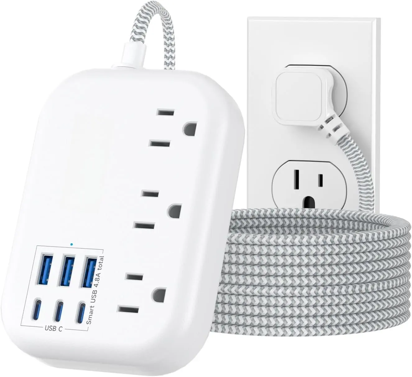 Surge Guarded Power Strip, 3 Outlets, 6 Ports (3 USB-C), 24W USB Station, 10 Ft Braided Extension Cord, Flat Plug, 1250W/125V, Fireproof Shell for Home Office, Garage, Dorm Room