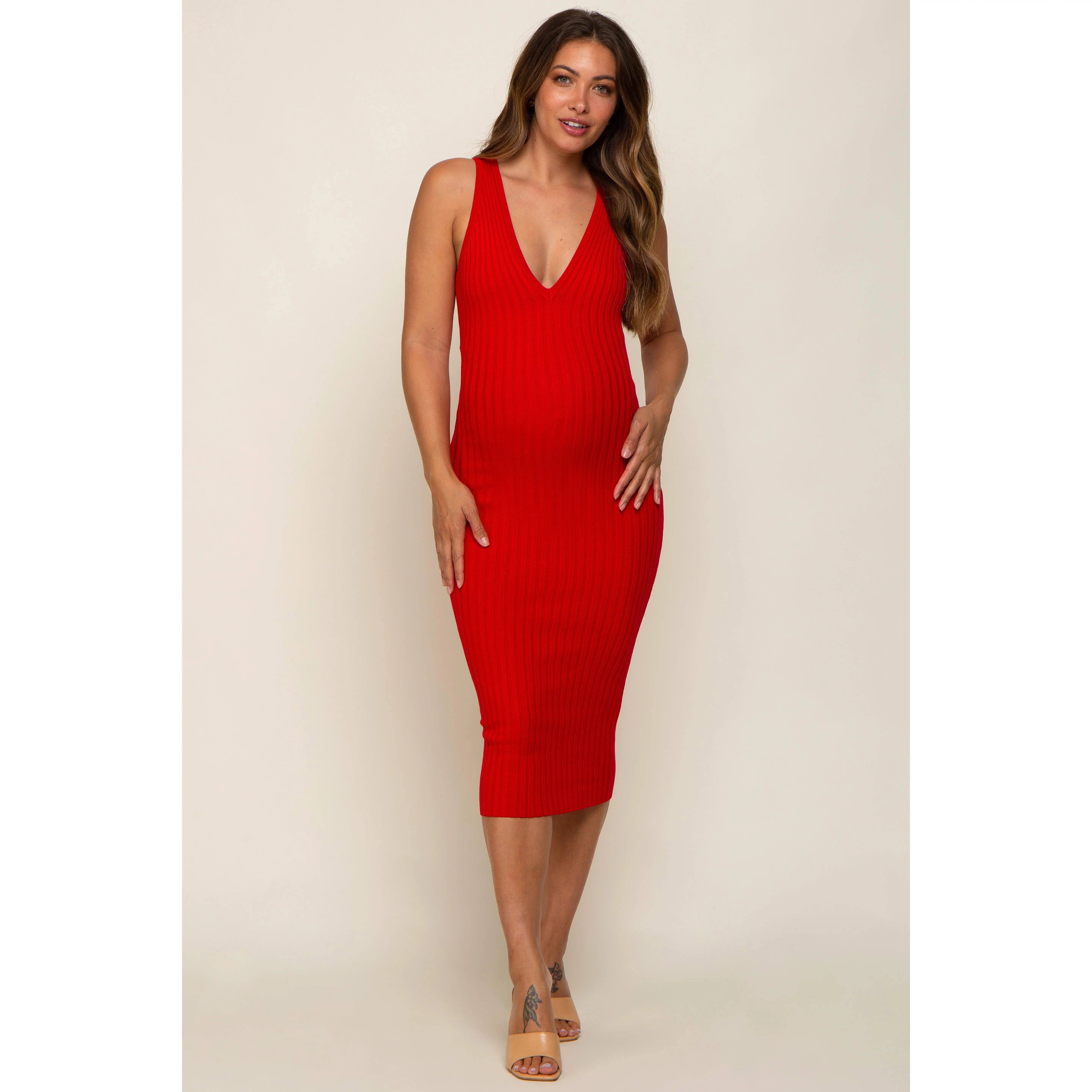 Women's Maternity Wear - Red Ribbed Knit Fitted V-Neck Midi Dress
