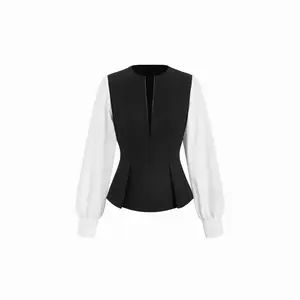 Cider Color-Blocking Lantern Sleeve Cinched Waist Shirt Dealsforyou
