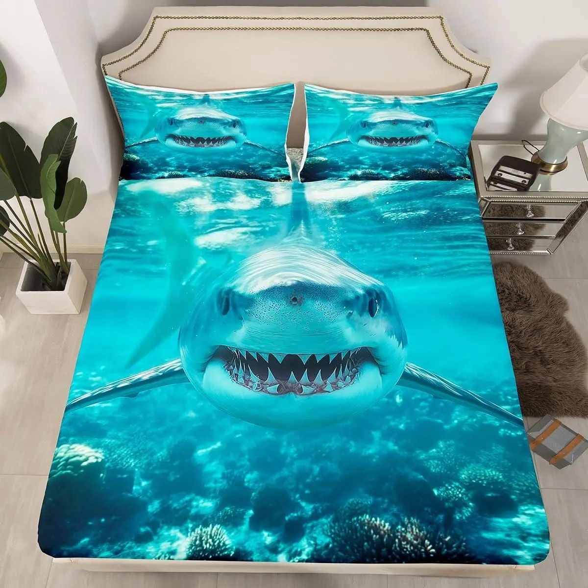 3D Shark Fitted Sheet for Kids Boys Teens Marine Life Ocean Shark Sheet Set,Nautical Sea Underwater Bedding Aquatic Animal Bed Sheet Set,Room Decor Sheets,Blue White(No Flat Sheet)