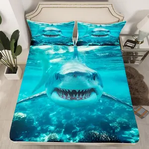 3D Shark Fitted Sheet for Kids Boys Teens Marine Life Ocean Shark Sheet Set,Nautical Sea Underwater Bedding Aquatic Animal Bed Sheet Set,Room Decor Sheets,Blue White(No Flat Sheet)