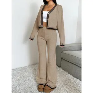 Women's 2 Piece Knit Lounge Set V-Neck Button Cardigan with Contrast Trim & Wide Leg Pants Soft Polyester Acrylic Nylon Blend Loungewear for Everyday Style - Outfit
