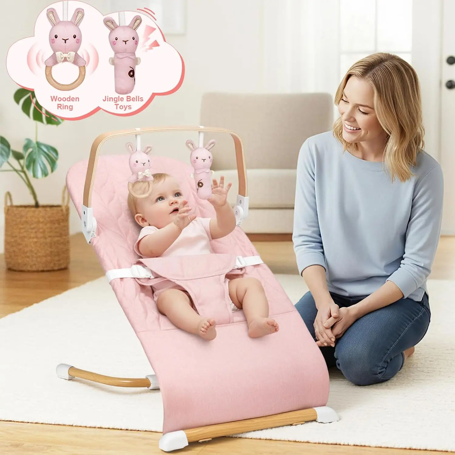 Portable Baby Bouncer, Bouncer Seat for Babies 0-12 Months, 3 Recline Positions, Foldable Baby Rocker Chair with Removable Wooden Bar