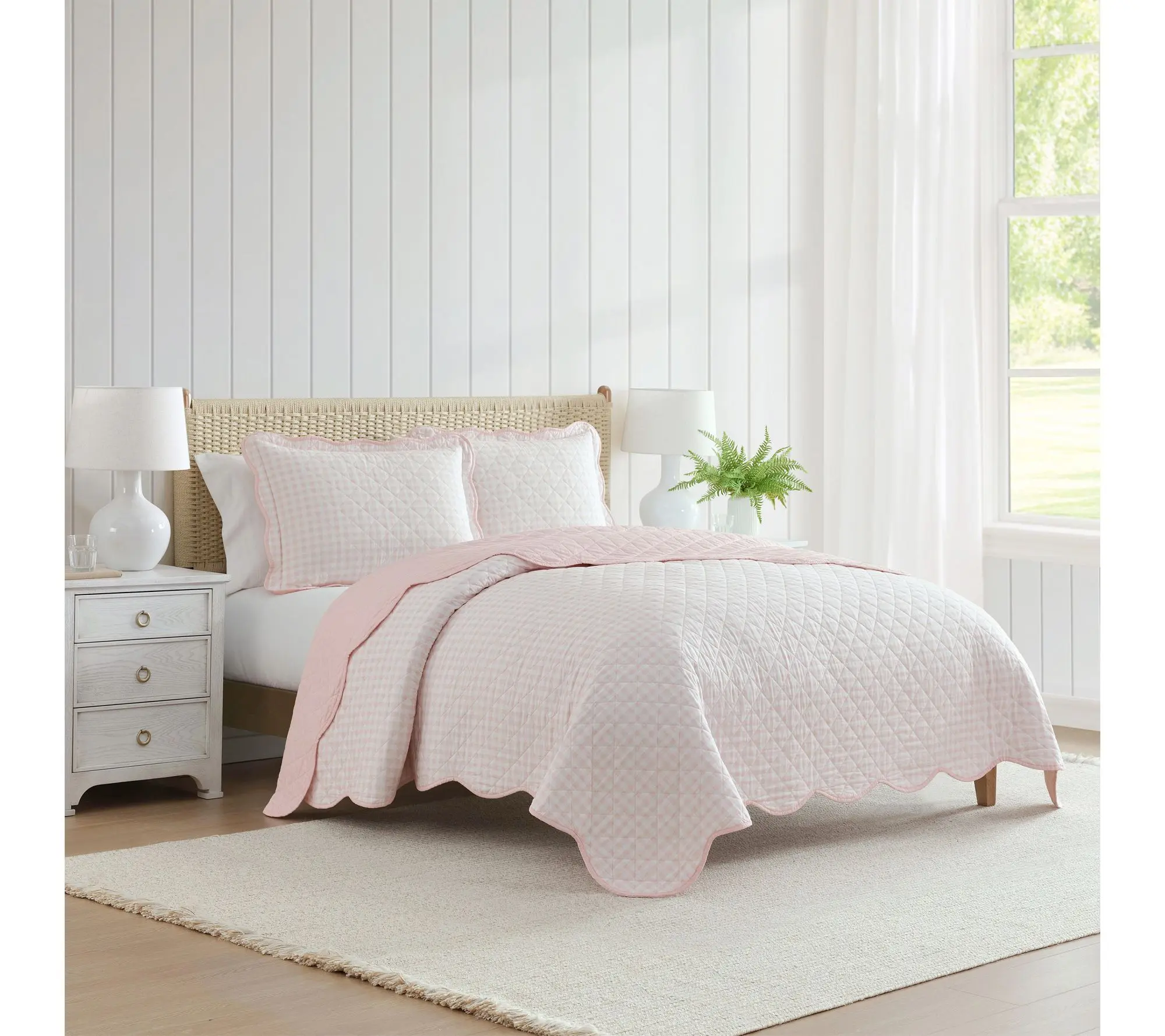 Martha Stewart Olivia Gingham Soft Pink Cotton King Quilt Set