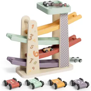 Baby Toys for 1 Year Old Boy Gifts, Wooden Car Ramp Race Track Set, Car Toys for Toddlers with 4 Cars and a Garage, Montessori Toys for 1 Year Old Boy Girl, Birthday Gift for Age 12+ Month
