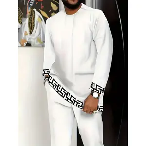 Men'S Casual Sportswear Set - 100% Polyester Knit Fabric with Slight Stretch, Crew Neck Long Sleeve Top and Pants, Regular Fit, Burnout Pattern Detail, Spring/Fall Season