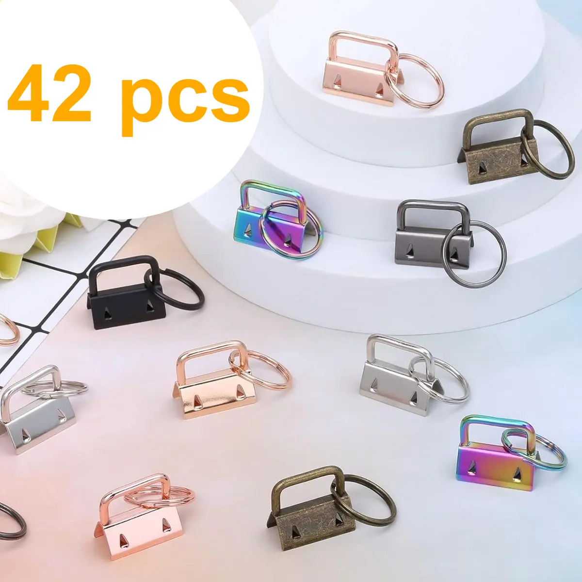 42-Pcs Metal Alloy Keychain Hardware Set - 1in Split Ring, Clamp Type, Buckle Ring, Multicolor for DIY Crafts, All Kinds of Belts, Lanyard - Durable Sewing & Haberdashery Accessory