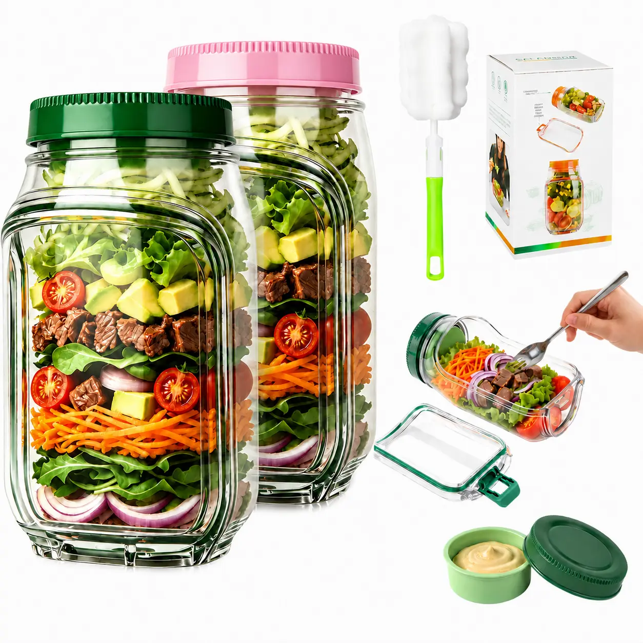 AISOON 35oz Plastic Side-Opening Reusable Travel Salad Container Set with Lid, 1000ml Leakproof BPA-Free Kitchen Gadget Food Jar, Dressing Cup, Cleaning Brush, Stainless Steel Spork Utensils (3 Colors for Meal Prep)