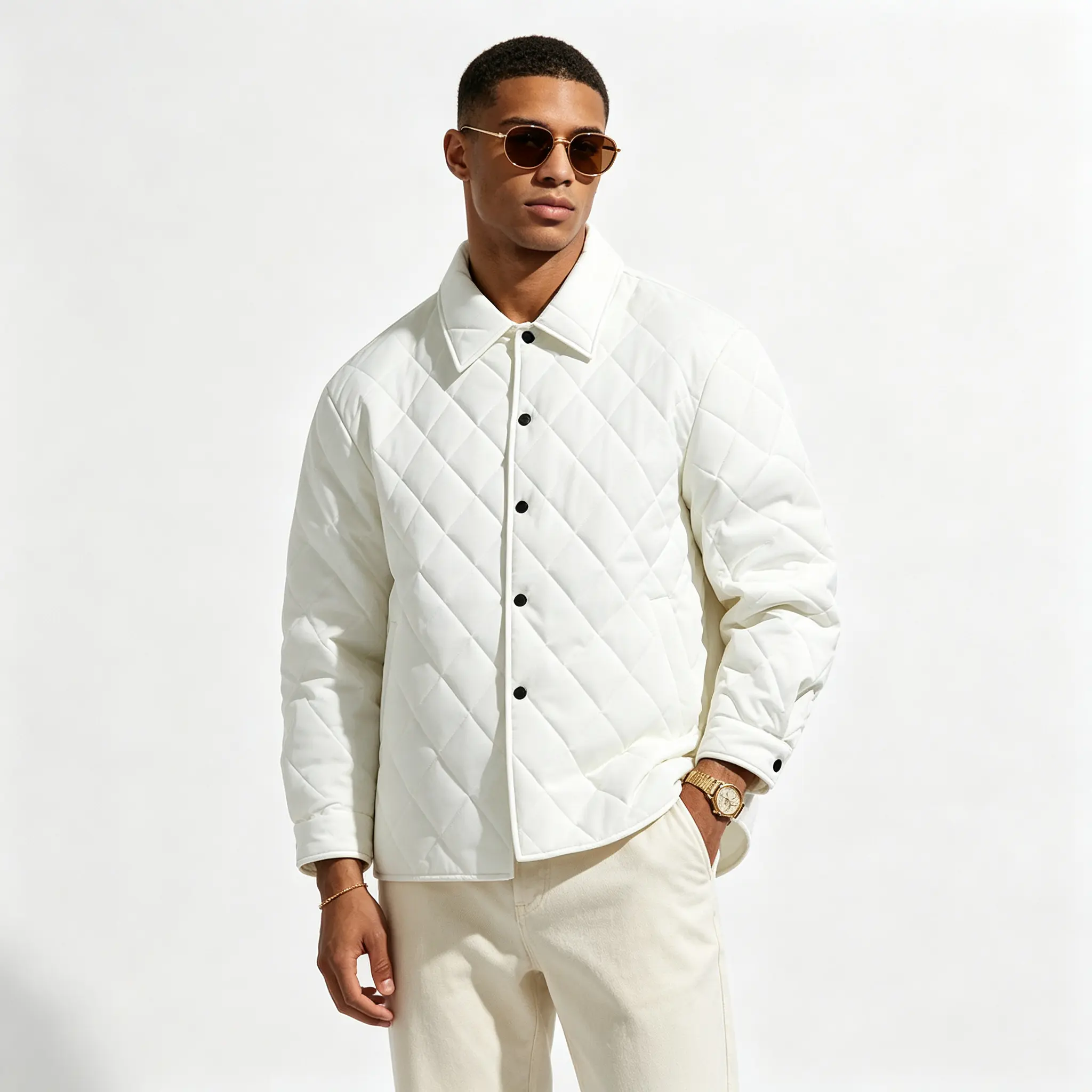Men’s lightweight, thickened quilted jacket with a diamond quilting pattern and turn-down collar; autumn/winter casual button-front outerwear with a loose fit, available in multiple colors.